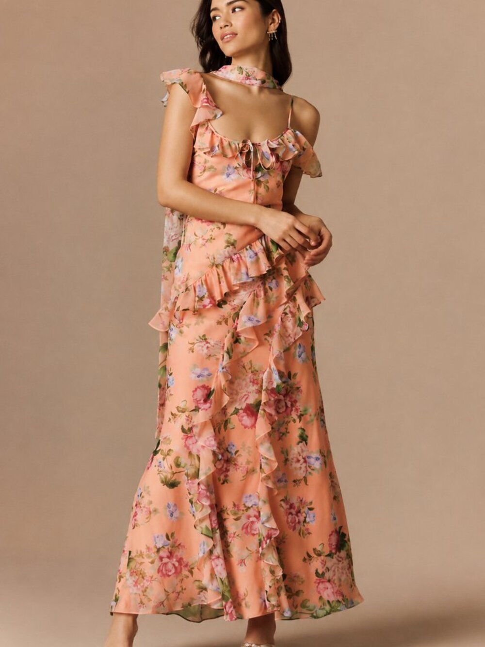 BHLDN Lottie Gown Peach Cottage Garden Floral Chiffon Ruffle Maxi Dress XL